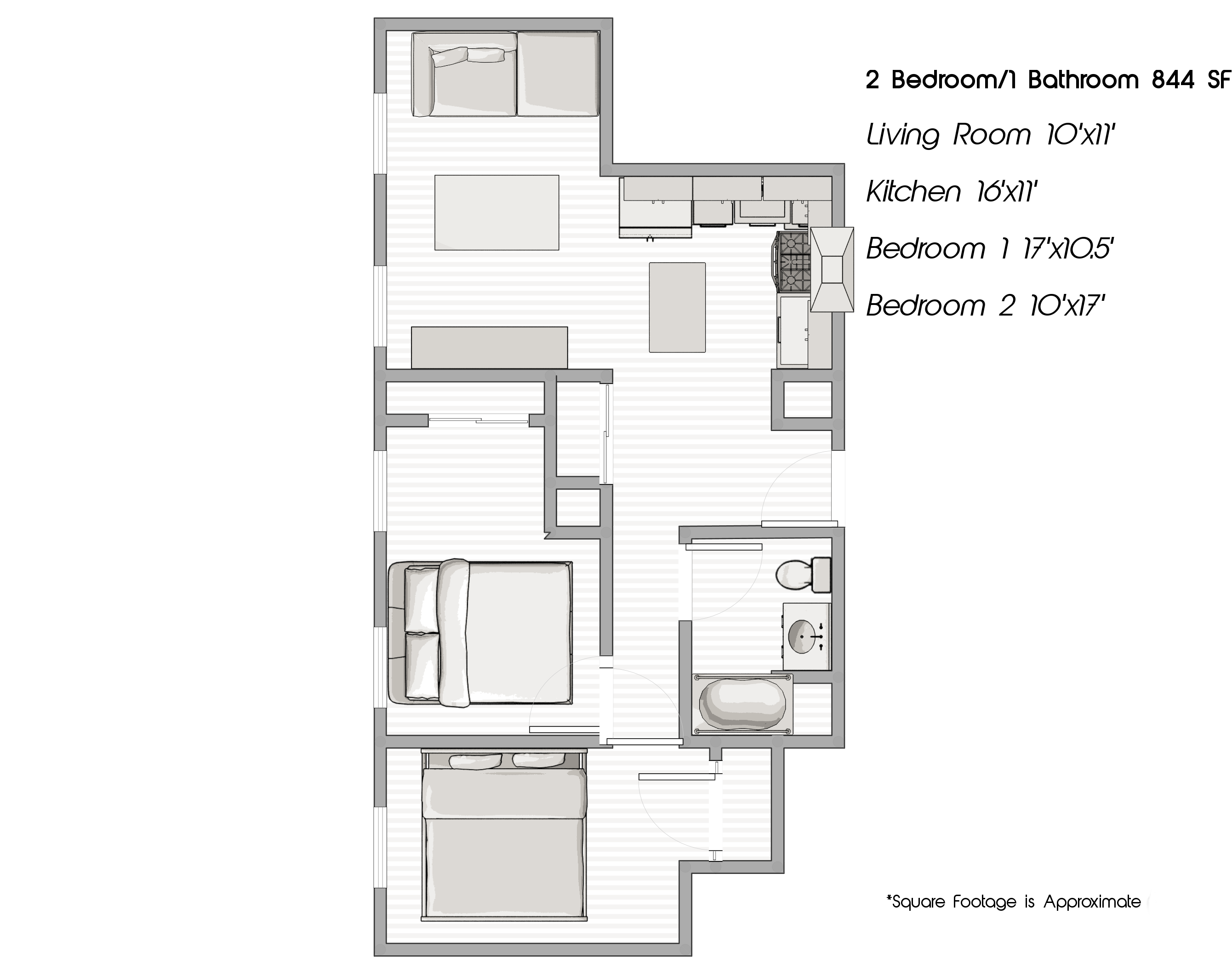 Floor plan for 2 beds, 1 bath, 950 sqft